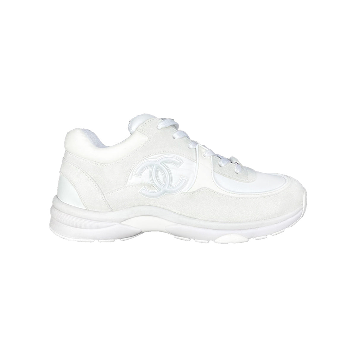 Chanel CC Logo Suede Nylon Reflective Triple White Sneaker