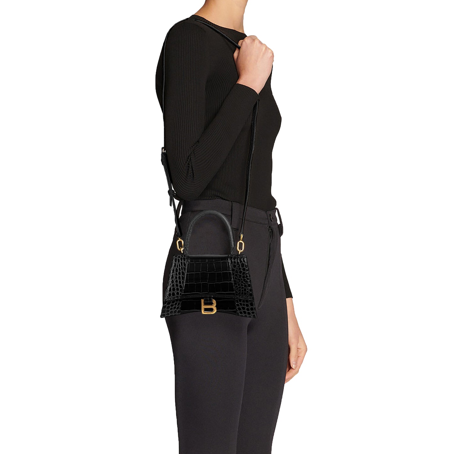 Balenciaga XS Hourglass Bag Croc Effect Black/Gold