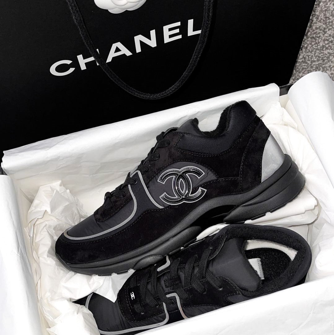 Chanel CC Logo Suede Nylon Reflective Triple Black Sneaker