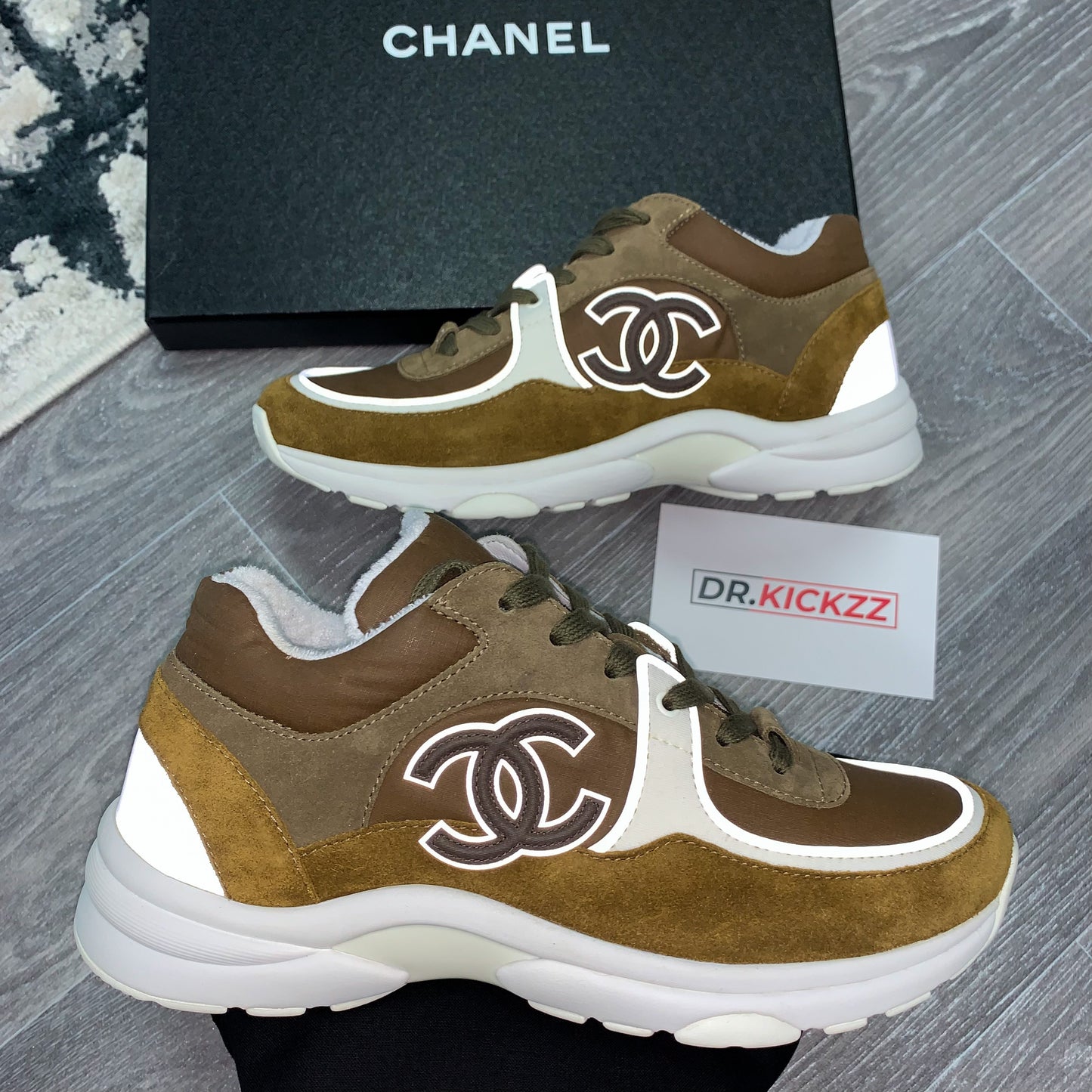 Chanel CC Logo Suede Nylon Khaki Brown Sneaker