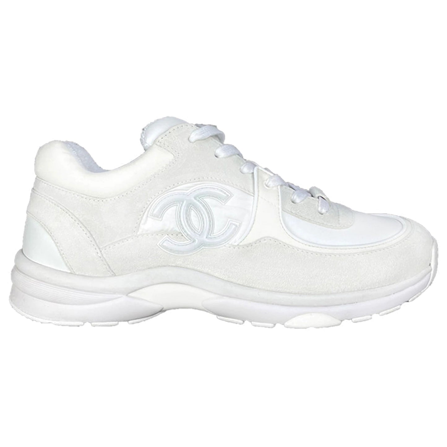 Chanel CC Logo Suede Nylon Reflective Triple White Sneaker