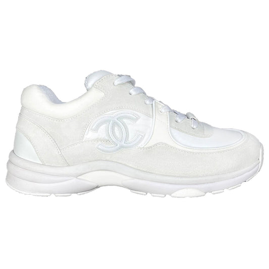 Chanel CC Logo Suede Nylon Reflective Triple White Sneaker