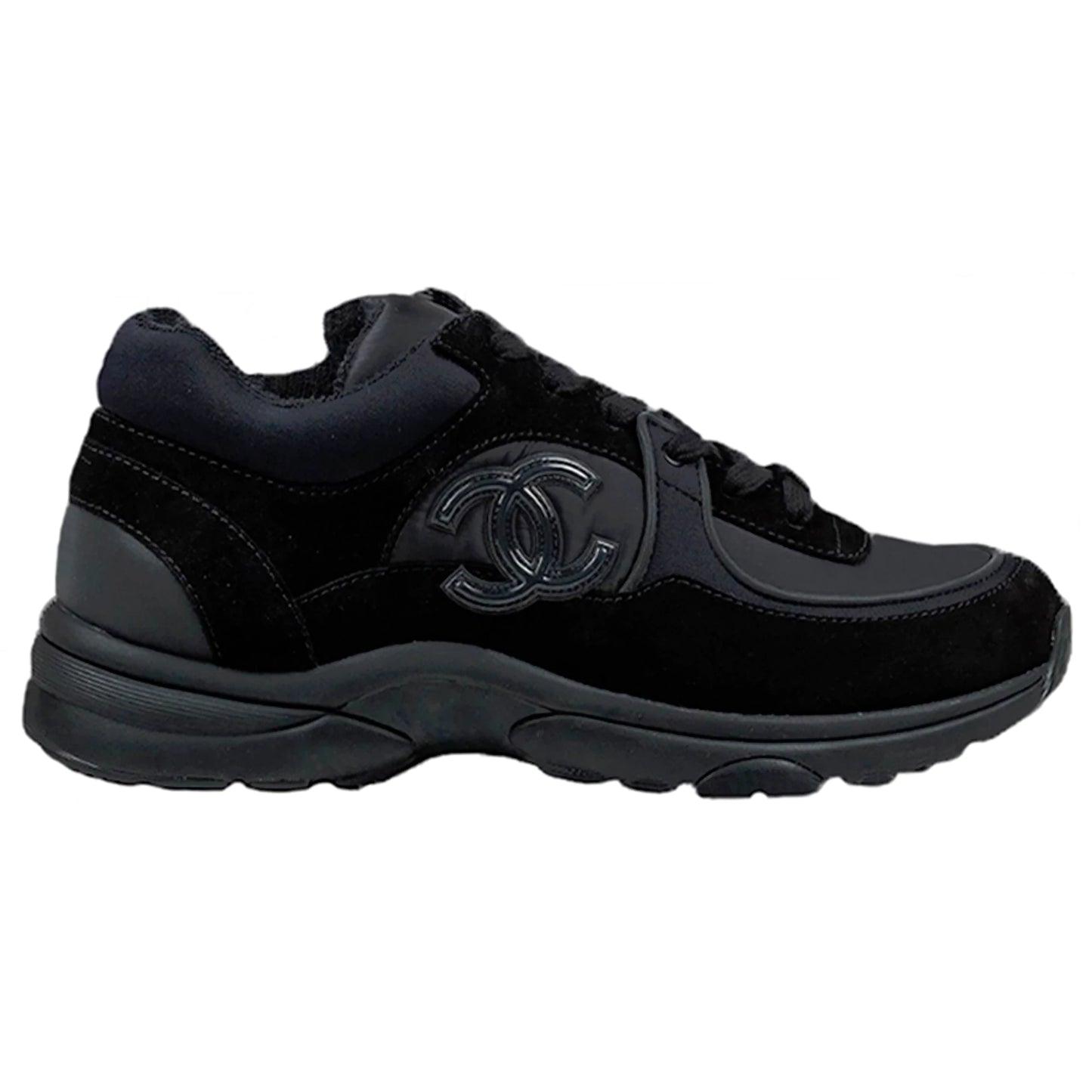 Chanel CC Logo Suede Nylon Reflective Triple Black Sneaker