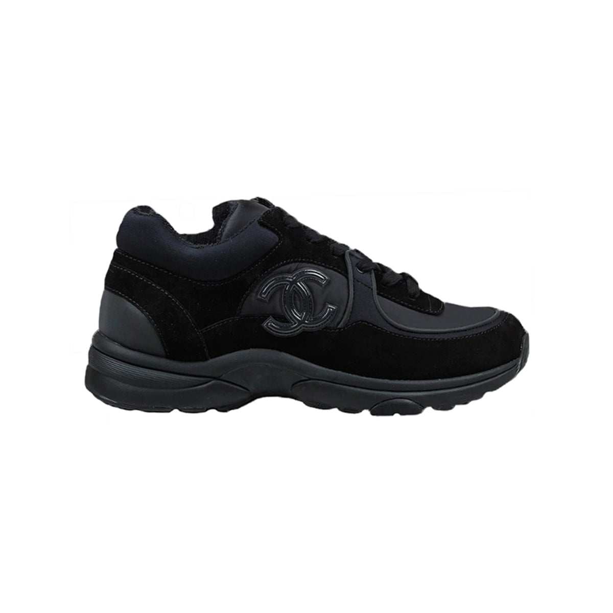 Chanel CC Logo Suede Nylon Reflective Triple Black Sneaker