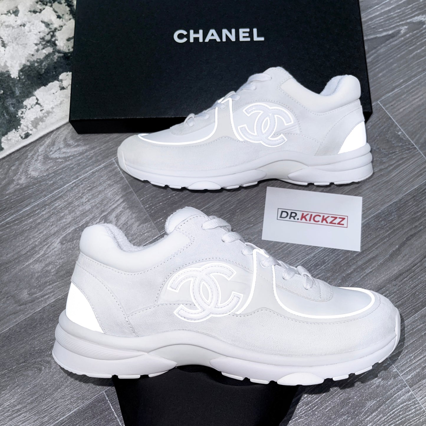 Chanel CC Logo Suede Nylon Reflective Triple White Sneaker